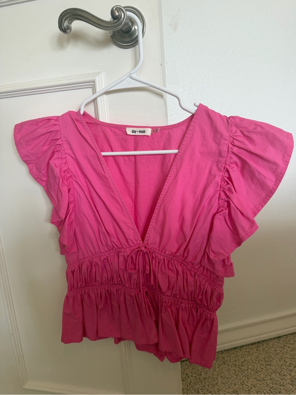 Pink Ruffle V-Neck Smocked Waist Top